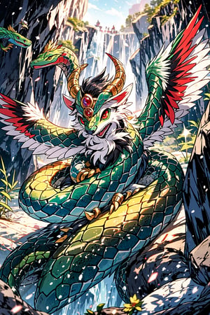 (quetzalcoatl, snake with iridicent wings,)High quality, masterpiece, 1boy, midjourney, eyesgod, perfect light, snake_eyes, brigth_red_puppils, medium_long black hair, REPTIL FurryCore, flying in a cave with shining crystals, aztec good
