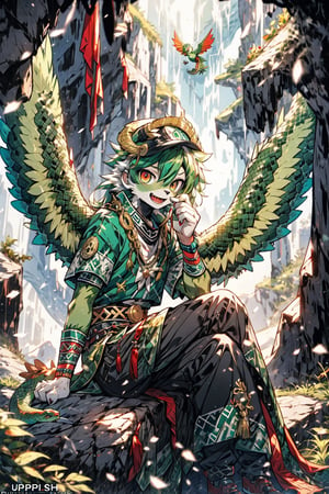 (quetzalcoatl, snake with iridicent wings,)High quality, masterpiece, 1boy, midjourney, eyesgod, perfect light, snake_eyes, brigth_red_puppils, medium_long black hair, REPTIL FurryCore, sitting in a cave with shining crystals, aztec good
