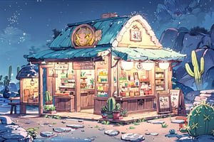 Outdoor magic potion shop in a desert city, stone walls, beutiful cacti, night time, oil lamps