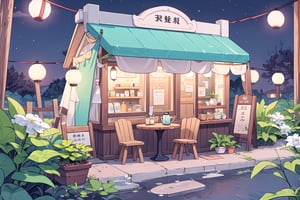 Outdoor vintage cofee shop in a city, ornage walls, skyblue chairs, beutiful plants with white flowers, tables outside, night time, old lanterns, little elf girl sat drinking coffee