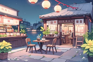 Outdoor vintage cofee shop in a city, ornage walls, skyblue chairs, beutiful plants with white flowers, tables outside, night time, old lanterns
