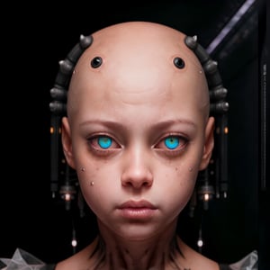 SFW, best quality, extra resolution, close up portrait of bald (AIDA_LoRA_piop:1.13) as a cute little cyborg with (opal eyes:1.1), pretty face, woman's bust turning into alien spaceship, massive structure entangled by wires and tubes, woman's face with spiky implants instead of hair and opal eyes in front of a black grunge background, edges of her face disappearing turning into wires, edges of face disappearing turning into wires and tubes, edges of face disappearing turning into wires, edges of her face and body disappearing turning into ribbons and paper cuts, face and body disappearing turning into wires, horrifying implants on the top of her head, (black background:1.3), a close up portrait of a girl in style of AIDA_ColGruBioMec, (artwork by AIDA_ColGruBioMec:1.3),