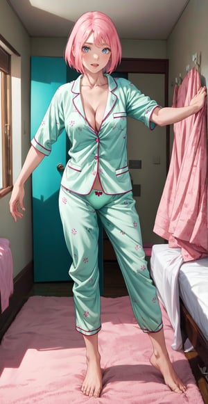 cleavage, wearing pajamas, posing erotically in her room, wearing erotic panties, thigh, showing her thigh, full body, (masterpiece), best quality, expressive eyes, perfect face, looking at the viewer, haruno sakura, forehead scar, short hair, pink hair, green eyes, perfect breasts, smile, ,sakimichan,artgerm