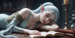 An elf woman with pointed ears with snow-white skin with long light blue hair gathered in a ponytail, lying on a table. It seems that she is sleeping or resting with her head on her hand. There are several items on the table, including a book and a small, beautiful mirror. The woman's hair is styled in an elvish manner, which gives the scene a unique flavor. The overall atmosphere of the image is calm and peaceful, the woman enjoys a moment of relaxation,  illustration by style WLOP