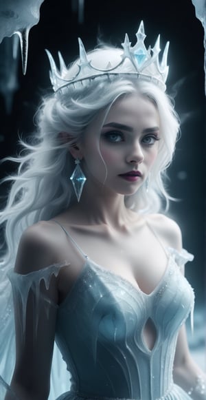 ethereal fantasy concept art of (Long exposure photorealistic art), speed effect, Blurred motion, streaks of light, surreal, dreamy, ghosting effect, ice demon girl (pale blue skin tone, sparkling silver skin), Ice crown, isolde earrings, ice crystal dress, snow-white hair,ice,ghost person,ice and snow crystal, angry look, glowing light blue eyes,water, dark background,thm style, In an ice cave with cracked ice, the gentle glow of ice, She dreams of an ice ball in the viewer,ice crystal ring, (perfectly drawing hands)