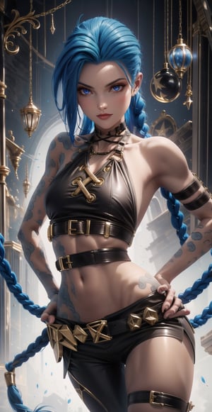 cleavage,medium boobs,Beautiful skinny teenage girl, 17yr old, {{standing with hands on hips}}, wide leg stance, carrying huge pistol, pale alabaster skin, Jinx from Arcane, dark eyeliner, gothic style, blue messy hair, long floppy hair over eyes, long pigtails, angry eyes, wild smile,  japanese wave tattoos, 1girl, minimalism, detailed hazel eyes, dark red lips, mixed background, masterpieces, top quality, best quality, official art, beautiful and aesthetic, vertically striped trousers cropped below knees, black halter neck crop top, skinny, muscular abs, arm bandages, twin belt straps,  black ankle combat boots, dynamic action pose,skinny,Tiny tits,JinxLol,Jinx,egirlmakeup,AIDA_LoRA_piop,Exquisite face,AIDA_LoRA_sonm,STEAM PUNK,sakimichan