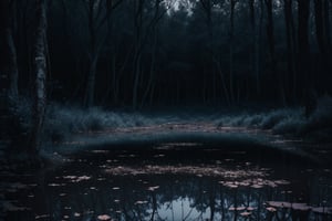 (masterpiece, best quality, very aesthetic, ultra detailed), intricate details, (a blue forest. Quet and abandoned). (All blue vibes), (outdoor. Gloomy. Ambient. Horror. Creepy. Dark), (ultra realistic). (Ultra realistic reflection), 8k, aesthetic,