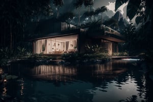 (masterpiece, best quality, very aesthetic, ultra detailed), intricate details, (a modern white house in a jungle. Pool). (outdoor. Ambient), (ultra realistic. Ultra realistic lighting. Ultra realistic reflection), (from up), 8k, aesthetic,cinematic