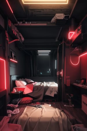 (masterpiece, best quality, very aesthetic, ultra detailed), intricate details, (a elegant boy bedroom. Red Neon. All red light. Mate black). (Indoor), (ultra realistic. Ultra realistic lighting. Ultra realistic reflection. Ultra detailed), 8k, aesthetic,More Detail,cyber_room  