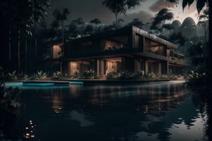 (masterpiece, best quality, very aesthetic, ultra detailed), intricate details, (a modern house in a jungle. Pool). (outdoor. Ambient), (ultra realistic. Ultra realistic lighting. Ultra realistic reflection), 8k, aesthetic,cinematic