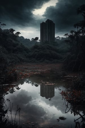 (masterpiece, best quality, very aesthetic, ultra detailed), intricate details, (a abandoned lake on a jungle), (outdoor. rain. cloudy. dark background. Water reflection. Gloomy. Ambient. Horror. Creepy. Dark), (ultra realistic. Ultra realistic reflection), 8k, aesthetic