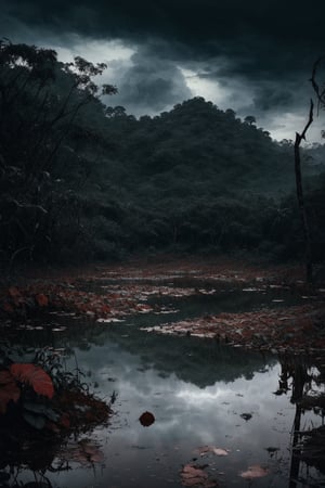 (masterpiece, best quality, very aesthetic, ultra detailed), intricate details, (a abandoned lake on a jungle), (outdoor. rain. cloudy. dark background. Water reflection. Gloomy. Ambient. Horror. Creepy. Dark), (ultra realistic. Ultra realistic reflection), 8k, aesthetic