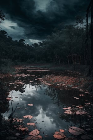 (masterpiece, best quality, very aesthetic, ultra detailed), intricate details, (old broken school at abandoned lake on a jungle), (outdoor. rain. cloudy. dark background. Water reflection. Gloomy. Ambient. Horror. Creepy. Dark), (ultra realistic. Ultra realistic reflection), 8k, aesthetic