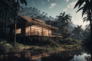 (masterpiece, best quality, very aesthetic, ultra detailed), intricate details, (a modern house in a jungle). (outdoor. Ambient), (ultra realistic. Ultra realistic lighting. Ultra realistic reflection), 8k, aesthetic,