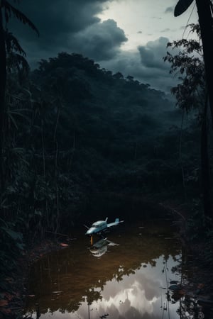 (masterpiece, best quality, very aesthetic, ultra detailed), intricate details, (a crash airplane on a jungle), (outdoor. rain. cloudy. dark background. Water reflection. Gloomy. Ambient. Horror. Creepy. Dark), (ultra realistic. Ultra realistic reflection), 8k, aesthetic
