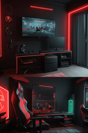 (masterpiece, best quality, very aesthetic, ultra detailed), intricate details, (a modern gaming room. Red Neon. Pc gaming. Gaming chair. Table. Monitor gaming. All red light). (Indoor), (ultra realistic. Ultra realistic lighting. Ultra realistic reflection. Ultra detailed), 8k, aesthetic