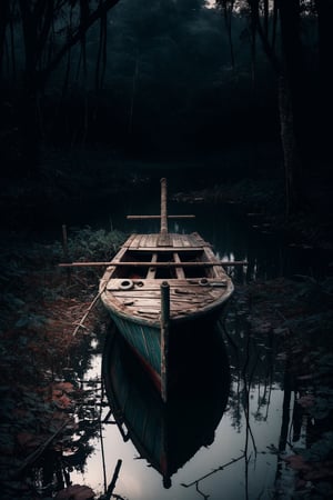 (masterpiece, best quality, very aesthetic, ultra detailed), intricate details, (old boat at abandoned lake on a jungle), (outdoor. rain. dark background. Water reflection. Gloomy. Ambient. Horror. Creepy. Dark), (ultra realistic. Ultra realistic reflection), 8k, aesthetic