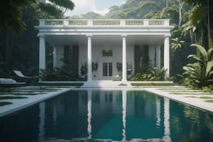 (masterpiece, best quality, very aesthetic, ultra detailed), intricate details, (a modern white house in a jungle. Pool). (outdoor. Ambient), (ultra realistic. Ultra realistic lighting. Ultra realistic reflection), (from up), 8k, aesthetic,cinematic