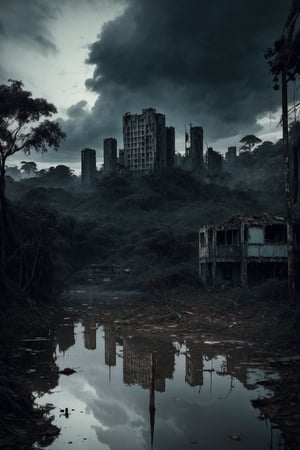 (masterpiece, best quality, very aesthetic, ultra detailed), intricate details, (old broken city at abandoned lake on a jungle), (outdoor. rain. cloudy. dark background. Water reflection. Gloomy. Ambient. Horror. Creepy. Dark), (ultra realistic. Ultra realistic reflection), 8k, aesthetic