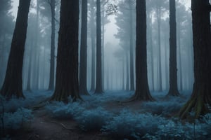 (masterpiece, best quality, very aesthetic, ultra detailed), intricate details, (a blue forest. Quet and abandoned). (All blue vibes. Blue color. Blue fogs), (outdoor. Gloomy. Ambient. Horror. Creepy), (ultra realistic), 8k, aesthetic,