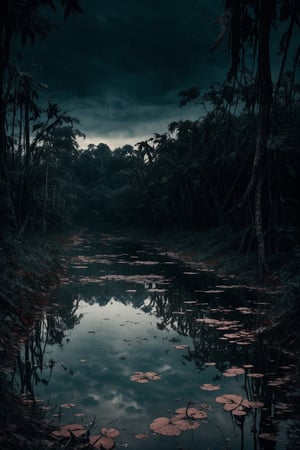 (masterpiece, best quality, very aesthetic, ultra detailed), intricate details, (old harbor at abandoned lake on a jungle), (outdoor. (rain). dark background. Water reflection. Gloomy. Ambient. Horror. Creepy. Dark), (ultra realistic. Ultra realistic reflection), 8k, aesthetic