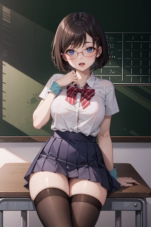 (masterpiece), best quality, high resolution, extremely detailed, detailed background, cinematic lighting, lens flare, glitter, 1girl, short hair, medium breasts, school uniform, red eyewear, semi-rimless eyewear, indoor, classroom, chalkboard, grabbing own breast, hand on own crotch, heavy breathing, open mouth, ahegao, blush, aroused, thighhighs,