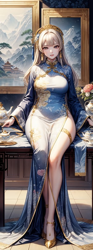 Ceramic material, beige gold tone, a 23-year-old Chinese beauty wearing a gorgeous high-neck dress, with an elegant and leisurely face, a plump figure, sitting on a gorgeous single baroque sofa with a blue background and gold edges. Her outfit is predominantly white with Chinese red trim and a detailed peony pattern. Her perfect long legs were exposed, and there was a blue and white porcelain teapot and teacup on the table next to the chair, indicating that this was a tea party. Directly behind the background is a gold-framed Chinese painting, the walls are blue, and ornate interior decoration surrounds the central figure, adding to the luxurious feel of the scene.