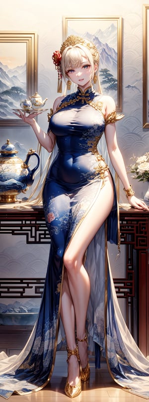 Ceramic material, beige gold tone, a 23-year-old Chinese beauty wearing a gorgeous high-neck dress, with an elegant and leisurely face, a plump figure, sitting on a gorgeous single baroque sofa with a blue background and gold edges. Her outfit is predominantly white with Chinese red trim and a detailed peony pattern. Her perfect long legs were exposed, and there was a blue and white porcelain teapot and teacup on the table next to the chair, indicating that this was a tea party. Directly behind the background is a gold-framed Chinese painting, the walls are blue, and ornate interior decoration surrounds the central figure, adding to the luxurious feel of the scene.