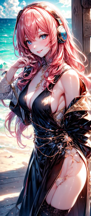 megurine luka, lukadef, headphones, pelvic curtain, black thighhighs,
(masterpiece), (best quality), (ultra-detailed), (((picture-perfect))), wide field of view, medium shot, depth of field, natural lighting, beautiful furniture and decorations, vivid colors and sparkling effects, nice hands, perfect hands, solo, at a beach making a sandcastle, sky, cloud, water, outdoors, blue sky, ocean, cloudy sky, horizon, looking at the city from the school rooftop, grand scenery, autumn season, soft skin, peachy blush, lips, big eyes, shy, happy, smiling, laid-back day, professional lighting, character is slightly towards the right, look at viewer, open stance