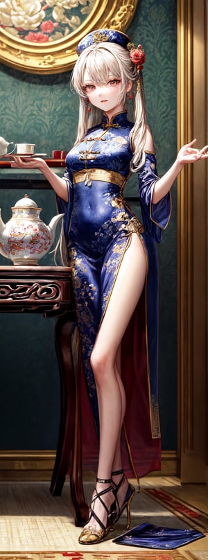 Ceramic material, beige gold tone, a 23-year-old Chinese beauty with an elegant and leisurely face, standing near a gorgeous single baroque sofa with a blue background and gold edges. Her outfit is predominantly white with navy blue trim and detailed with a detailed peony pattern. Her perfect long legs were exposed, and there was a blue and white porcelain teapot and teacup on the table next to the chair, indicating that this was a tea party. The floor beneath her feet was strewn with pearls and red beads. Directly behind the background is a gold-framed Chinese painting, and ornate interior decoration surrounds the central figure, adding to the luxurious feel of the scene.