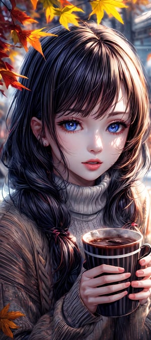 A girl wearing a cozy sweater,beautiful detailed eyes,beautiful detailed lips,extremely detailed eyes and face,longeyelashes,soft wool texture,fall leaves,cold weather,cup of hot chocolate,autumn colors,comfortable and warm atmosphere,fuzzy knit pattern,vivid colors,portrait style,soft lighting. (best quality,4k,8k,highres,masterpiece:1.2),ultra-detailed,realistic,photorealistic:1.37