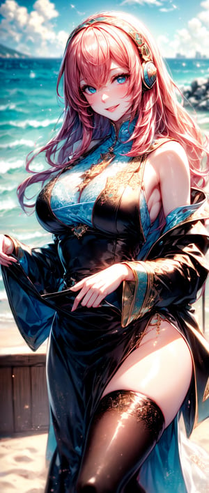 megurine luka, lukadef, headphones, pelvic curtain, black thighhighs,
(masterpiece), (best quality), (ultra-detailed), (((picture-perfect))), wide field of view, medium shot, depth of field, natural lighting, beautiful furniture and decorations, vivid colors and sparkling effects, nice hands, perfect hands, solo, at a beach making a sandcastle, sky, cloud, water, outdoors, blue sky, ocean, cloudy sky, horizon, looking at the city from the school rooftop, grand scenery, autumn season, soft skin, peachy blush, lips, big eyes, shy, happy, smiling, laid-back day, professional lighting, character is slightly towards the right, look at viewer, open stance