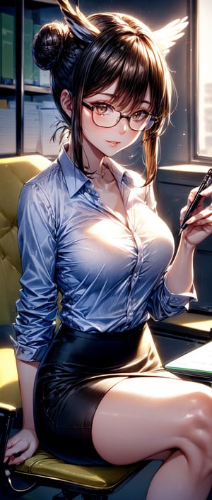 (masterpiece), (best quality), (ultra-detailed), A woman with (owl ears) looks smartly at the camera, her brown eyes glowing. She has medium, black, straight hair that is styled in a bun. Her skin is fair and smooth. She wears a (office lady's:1.2) outfit, consisting of a white business shirt, a black pencil skirt, and black heels. She has a pair of glasses on her nose and a pen in her hand. She seems to be working or writing.
She is in an indoor office, with a (neat:1.3) atmosphere and a computer behind her.
The angle is high and close-up, creating a sense of professionalism and confidence.
The effect is (light:1.4) and (sharpness:1.5), making the image clear and crisp