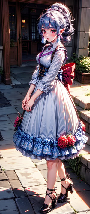 best quality,masterpiece,final resolution,soft,extremely colorful,Colorful, Lolita long dress, white,Muffin shoes, Detailed face, 4K, Y2K Costume, Purple double ponytail, huge , , Idol, Masterpiece of the Eye, long eyelashes, juicy lips, There are bright spots in the eyes, elf ears, tattoo, ((red eyes)),ayaka_genshin