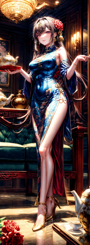 Ceramic material, beige gold tone, a 23-year-old Chinese beauty wearing a gorgeous high-collar dress, with an elegant and leisurely face, standing lazily near a gorgeous single baroque sofa with a blue background and gold edges. Her outfit is predominantly white with navy blue trim and detailed with a detailed peony pattern. Her perfect long legs were exposed, and there was a blue and white porcelain teapot and teacup on the table next to the chair, indicating that this was a tea party. The floor beneath her feet was strewn with pearls and red beads. Directly behind the background is a gold-framed Chinese painting, and ornate interior decoration surrounds the central figure, adding to the luxurious feel of the scene.