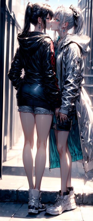 yuri, kiss The first girl has long gray hair and blue eyes. She is wearing a black and white hooded jacket, gray shorts, white stockings and white sneakers.  The second girl has long black hair tied into a high ponytail, green eyes, silver earrings, a light blue dress and boots.