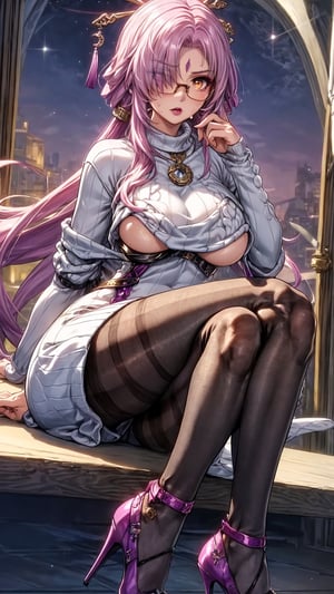 illustration, masterpiece, best quality, extremely detailed, big boobs, slim body, slim waist, seductive face, ((hiar over one eye)), lipstick, ligh makeup, high_heels, (((sweaterdress))), ((pantyhose)), (very_long_hair), glasses, crossed_legs_(sitting), crossed legs, fuxuan