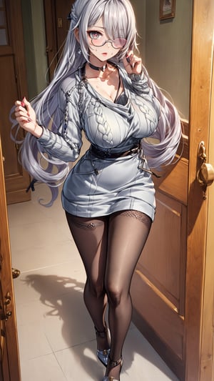 illustration, masterpiece, best quality, extremely detailed, big boobs, slim body, slim waist, seductive face, ((hiar over one eye)), lipstick, ligh makeup, high_heels, (((sweaterdress))), ((pantyhose)), (very_long_hair), glasses