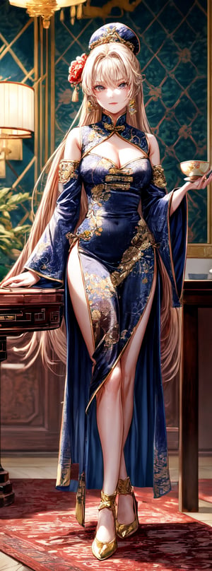 Ceramic material, beige gold tone, a 23-year-old Chinese beauty with an elegant and leisurely face, standing near a gorgeous single baroque sofa with a blue background and gold edges. Her outfit is predominantly white with navy blue trim and detailed with a detailed peony pattern. Her perfect long legs were exposed, and there was a blue and white porcelain teapot and teacup on the table next to the chair, indicating that this was a tea party. The floor beneath her feet was strewn with pearls and red beads. Directly behind the background is a gold-framed Chinese painting, and ornate interior decoration surrounds the central figure, adding to the luxurious feel of the scene.