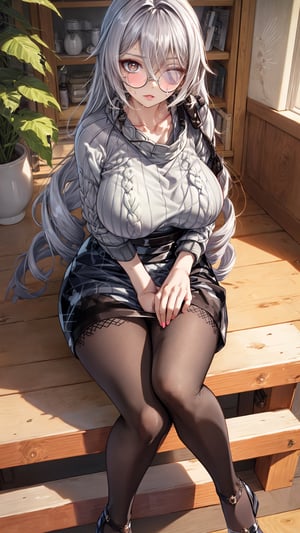illustration, masterpiece, best quality, extremely detailed, big boobs, slim body, slim waist, seductive face, ((hiar over one eye)), lipstick, ligh makeup, high_heels, (((sweaterdress))), ((pantyhose)), (very_long_hair), glasses, crossed_legs_(sitting)