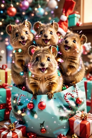 ((soft pastel illustration)) a group of cute quokkas climbing out of Santa's bag full of presents, worm's-eye view, looking up at the top of the bag, (32k masterpiece, best quality:1.3), ral-chrcrts, 3D Render Style