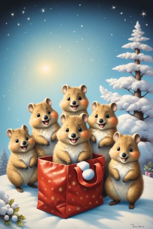 ((soft pastel illustration)) a group of cute quokkas climbing out of Santa's bag full of presents, worm's-eye view, looking up at the top of the bag, (32k masterpiece, best quality:1.3)