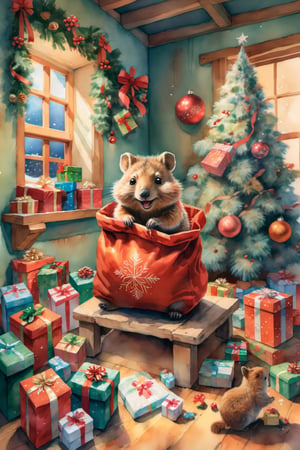 At the center of a charming warm room stands a big Santa's bag full of gifts, from it a group of cute quokkas is climbing out, worm's-eye view, looking up at the top of the bag. Delicately, the quokkas are inspecting the room colored with a palette of soft pastels, their fluffy tails wiggling with excitement. The room exudes a serene ambiance, a sanctuary where christmas thrives, oni style, dripping paint