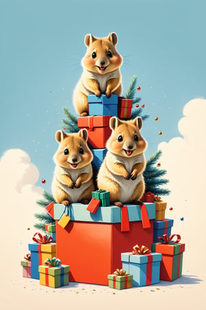 ((soft pastel illustration)) a group of cute quokkas climbing out of Santa's bag full of presents, worm's-eye view, looking up at the top of the bag, (32k masterpiece, best quality:1.3), ral-chrcrts, in the style of kazimir malevich,James Gilleard