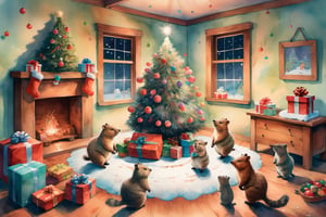 At the center of a charming warm room stands a big Santa's bag full of gifts, from it a group of cute quokkas is climbing out, worm's-eye view, looking up at the top of the bag. Delicately, the quokkas are inspecting the room colored with a palette of soft pastels, their fluffy tails wiggling with excitement. The room exudes a serene ambiance, a sanctuary where christmas thrives, oni style, dripping paint