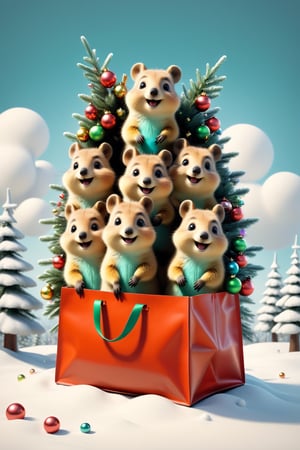 ((soft pastel illustration)) a group of cute quokkas climbing out of Santa's bag full of presents, worm's-eye view, looking up at the top of the bag, (32k masterpiece, best quality:1.3), ral-chrcrts, 3D Render Style, sdxl, DonMG414XL,in the style of kazimir malevich