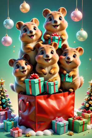 ((soft pastel illustration)) a group of cute quokkas climbing out of Santa's bag full of presents, worm's-eye view, looking up at the top of the bag, (32k masterpiece, best quality:1.3), ral-chrcrts, 3D Render Style, sdxl, DonMG414XL