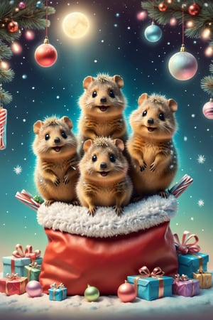 ((soft pastel illustration)) a group of cute quokkas climbing out of Santa's bag full of presents, worm's-eye view, looking up at the top of the bag, (32k masterpiece, best quality:1.3), ral-chrcrts, vector art illustration, moonster