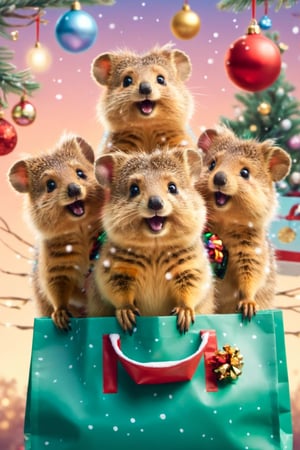 ((soft pastel illustration)) a group of cute quokkas climbing out of Santa's bag full of presents, worm's-eye view, looking up at the top of the bag, (32k masterpiece, best quality:1.3), ral-chrcrts, vector art illustration,Movie Poster