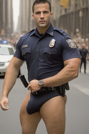 35-year-old muscular, stunningly handsome man in police officer lycra police uniform. large, defined, solid, muscular, bulbous buttocks. (((massive bulge))), body standing to the side, hands relaxed. the large bulge in his groin, concealing his huge, thick, erect penis and large testicles. mouth open slightly, a look of strong confidence on his face. professional, glistening in thick oil. outdoor on crowded city street, photography, posing with style, ,bulge,Stylish,huge cock,Man,Portrait,anime,hugest man ever,Police,Movie Still